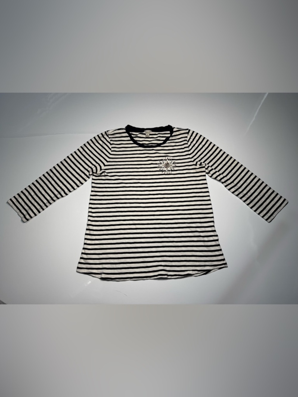 J Crew Navy White Striped Painter Tee Jeweled Brooch Womens Shirt 3/4 Sleeve Med